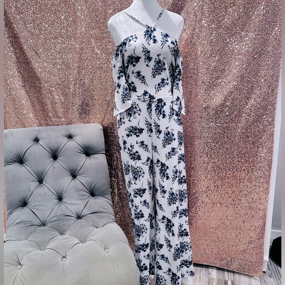 Jumpsuit/Romper - White with Blue Floral Design by VENUS
